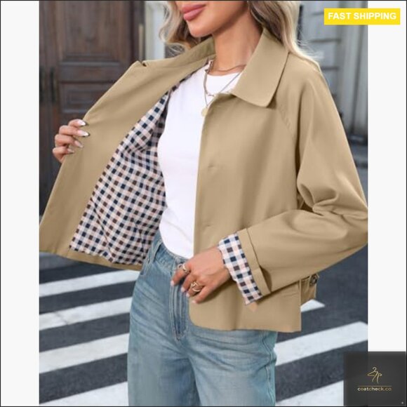 Cropped Trench Coat Lightweight Loose Fit Single Breasted Jacket - Picture 6 of 7